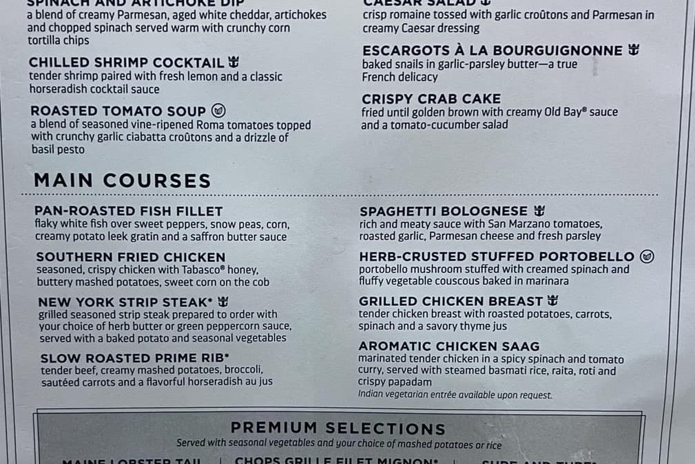 Adventure of the Seas Main Dining Room Menus 2024